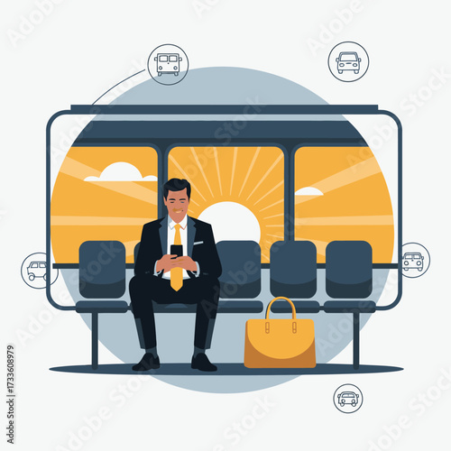 Man in suit sitting at bus stop using smartphone with transportation icons waiting