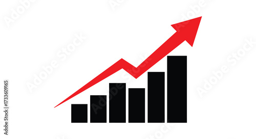 A simple red upward trending arrow over black bar graph illustration