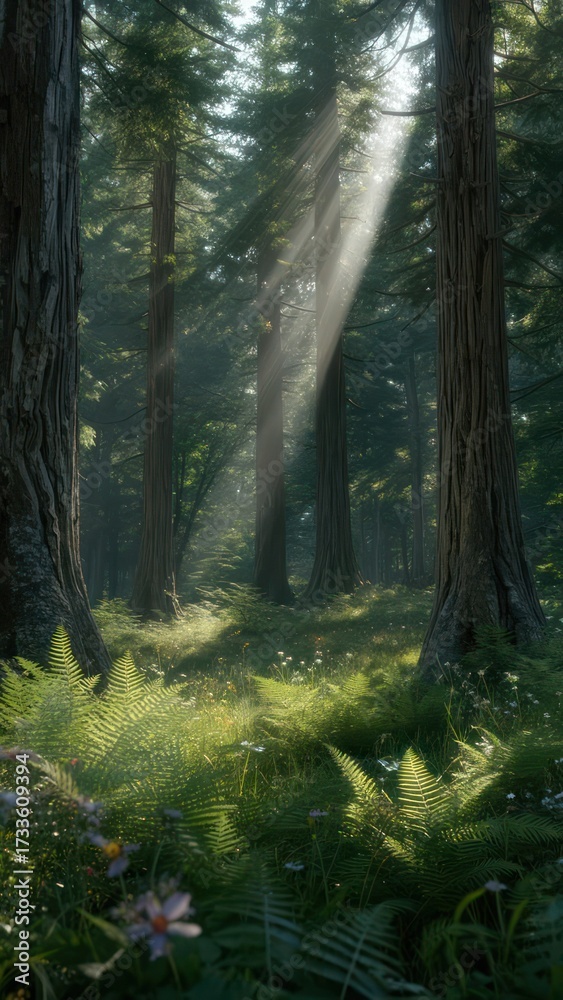 Fototapeta premium Forest sunlight beams through tall trees