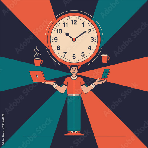 Man juggling laptop phone coffee cups and clock representing time management multitasking