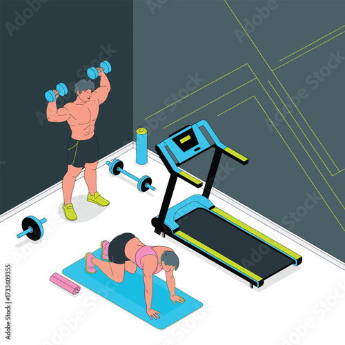 Man lifting dumbbells and woman doing push-ups in a gym fitness workout
