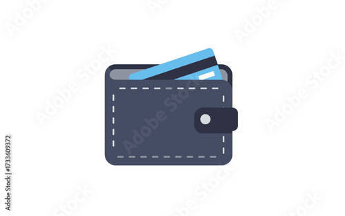 A dark blue wallet with a light blue credit card protruding from the top, set against a clean white background.