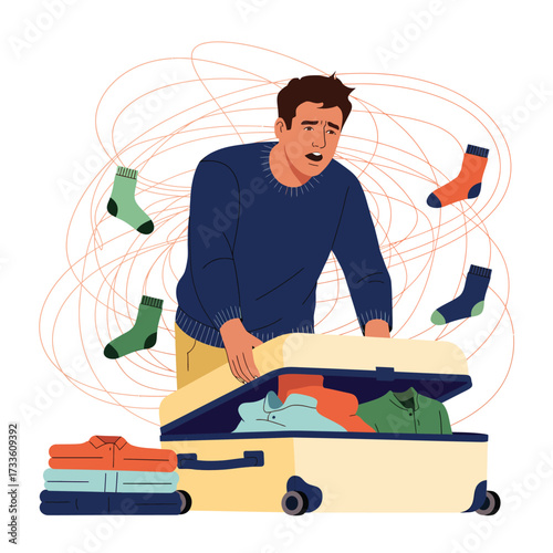 Man looking stressed while packing a suitcase with scattered socks travel vacation