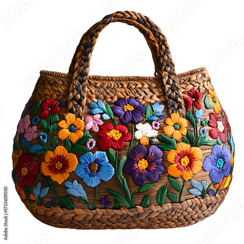 Handwoven straw tote bag adorned with vibrant embroidered floral applique flowers perfect for summer fashion and beach accessories isolated on transparent background