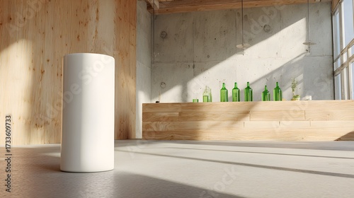 Minimalist Interior with Wooden Counter and Green Bottles