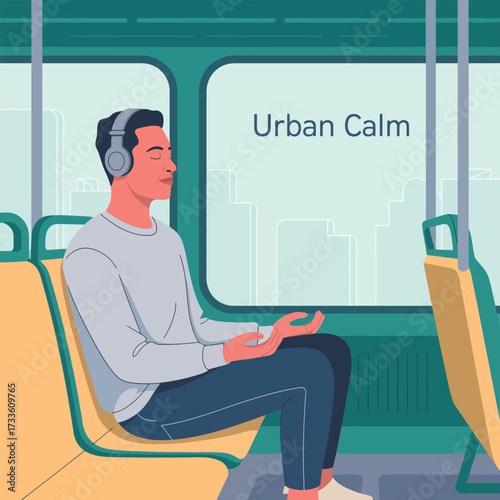 Man meditating with headphones on a public transport with urban landscape outside