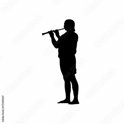 Silhouette of artisan playing handmade flute to attract customers isolated on white background