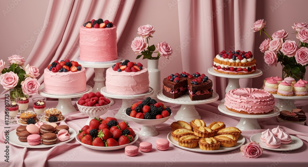 custom made wallpaper toronto digitalDisplay of various baked goods, including layered cakes, tarts, macarons, and mini desserts, beautifully presented on white stands and plates, adorned with fresh berries and pink roses