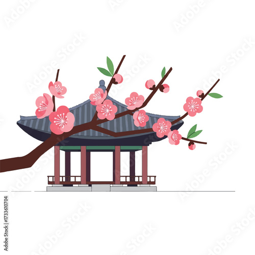 Illustration of a traditional Korean pavilion with a blooming cherry blossom tree in front, set against a clean white background with a serene and cultural mood.
