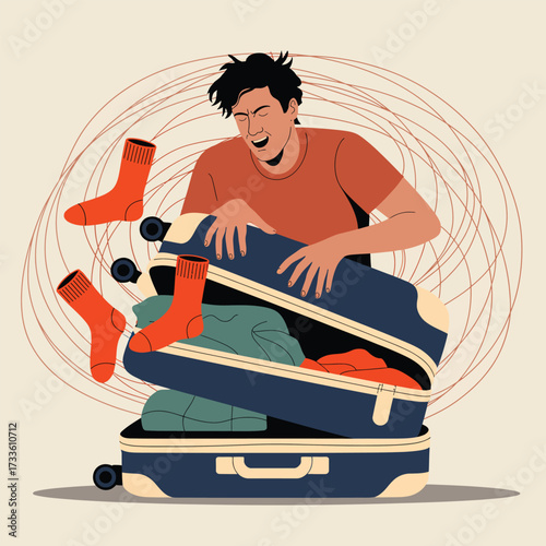 Man struggling to pack a suitcase with socks flying out packing travel
