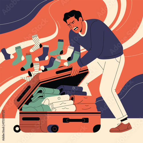 Man struggling to pack socks into an overflowing suitcase with a distressed expression