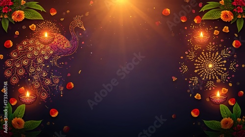 Diwali Celebration Background with Candles, Flowers, and Festive Lights.