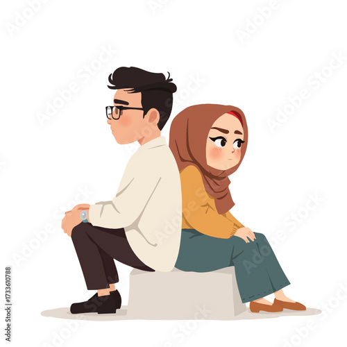 A couple sitting back to back, expressing frustration and disagreement in their relationship