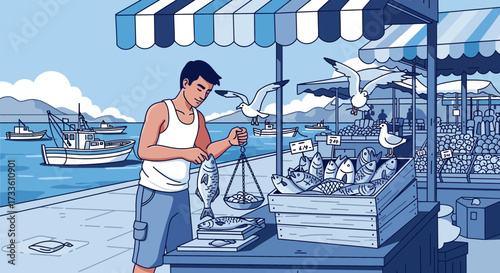 Coastal Marketplace Illustration: A Fisherman Weighing His Catch by the Sea