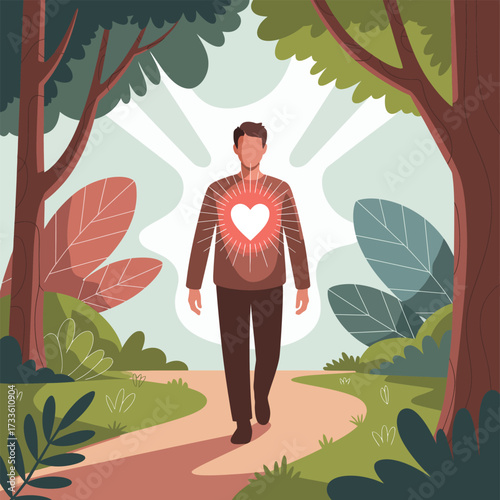 Man Walking on Forest Path with Glowing Heart Symbol chest