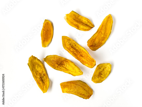 banana slice chips or keripik pisang isolated on white background , top view , flat lay.