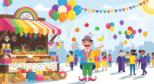 Vibrant festive market fair with juggling clown amidst joyful crowd celebration