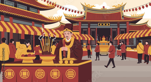 Traditional chinese new year festivities at temple with praying figure