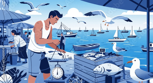 Coastal Marketplace: A Fisherman Weighing His Catch Amidst a Picturesque Harbor Scene