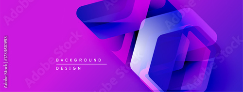 Vibrant pink background features layered hexagonal shapes. Blue, purple hues create dynamic visual effect. Modern design element.