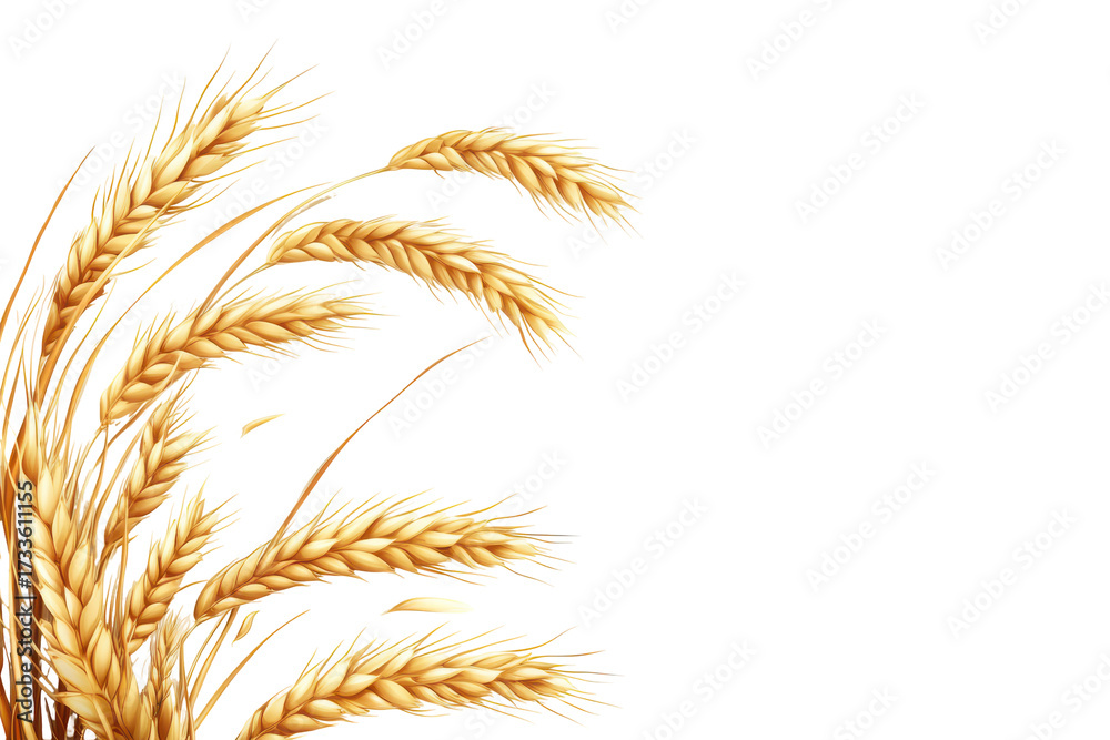 Fototapeta premium Golden wheat stalks with detailed texture isolated on transparent background. Ear of wheat spikelet isolated on white background.