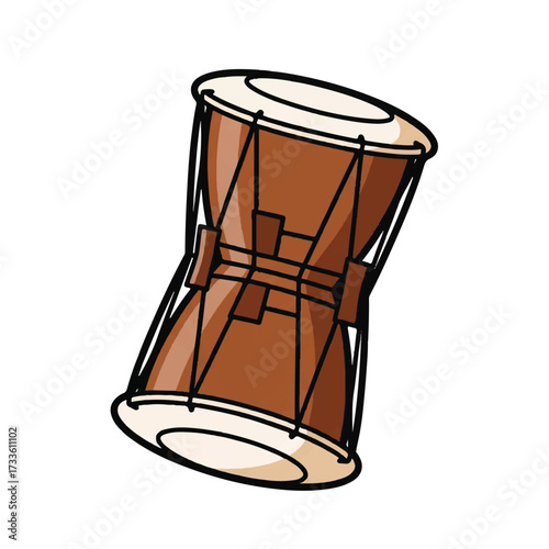 A traditional Korean double-headed drum with a brown body and black straps against a clean white background in a simple, graphic style.