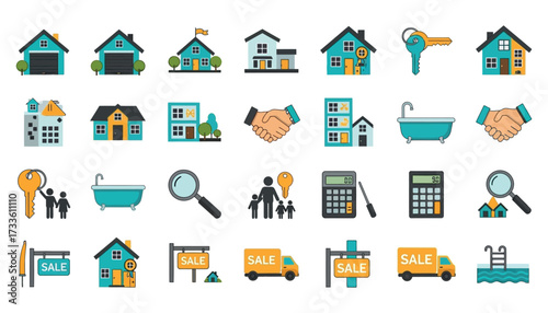 Vector art of collection of real estate icons and symbols representing houses, keys, sale signs, and property transactions