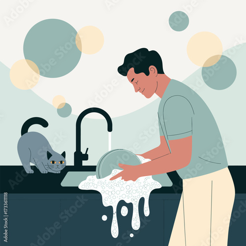 Man washing dishes at a sink with a cat watching Keywords: man, washing, dishes, cat, pet, animal, sink, water, soap, bubbles, foam, cleaning