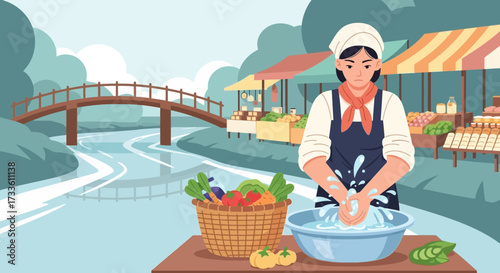 Serene floating market scene: Vendor washing hands amidst fresh produce and waters