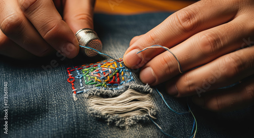 Closeup of hands with thimble doing intricate visible mending on jeans, person creating colorful sashiko embroidery patch on torn denim