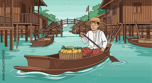 Serene depiction of a Southeast Asian floating market with a boatman