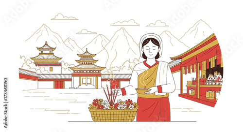 Spiritual offering: A serene depiction of devotion in front of a temple