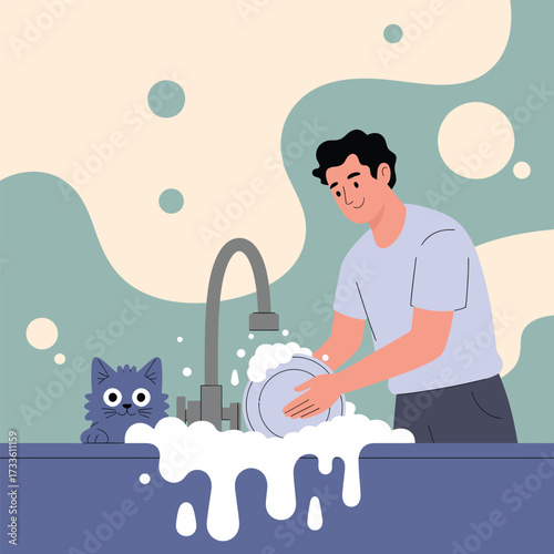 Man washing dishes in a sink with a blue cat nearby Keywords: man, washing, dishes, cat, pet, animal, sink, water, soap, bubbles, foam, cleaning