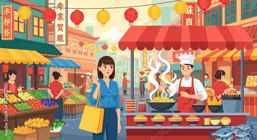 Vibrant depiction of a woman shopping at a bustling asian street market