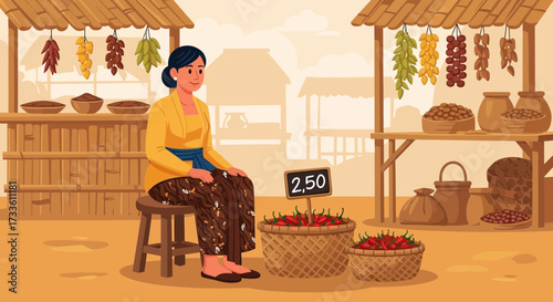 Traditional Indonesian market scene depicting a woman selling chilies in a rural village