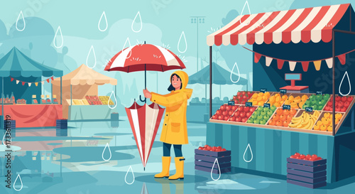 Rainy day at outdoor market with woman holding umbrellas shopping produce