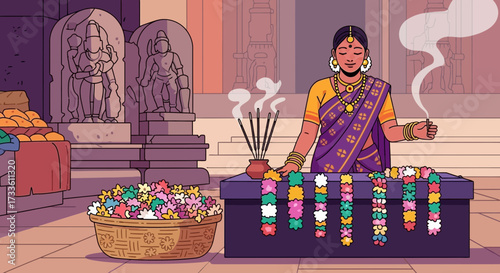 Vendor with incense and flower garlands at Hindu temple offering traditional items