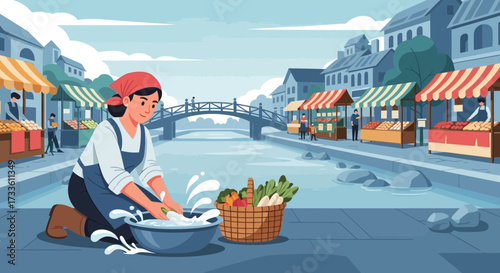 Canal Market Scene: A Farmer Cleans Her Harvest in a Picturesque Waterside Setting
