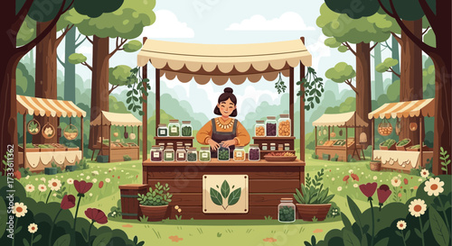 Charming illustration of a local produce market in a whimsical forest setting