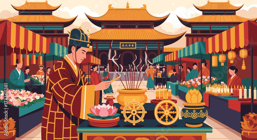 Vibrant depiction of a traditional temple market scene with religious ceremony
