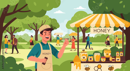 Illustration of a vibrant honey market in a park setting with a cheerful seller