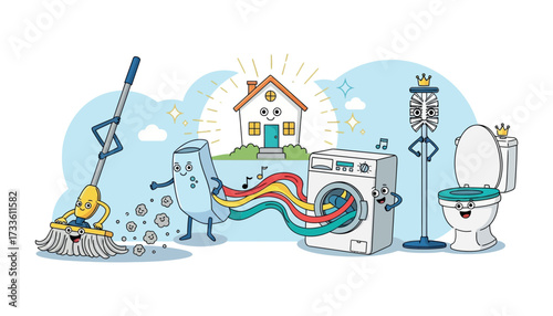 Vector art of cartoon characters of a mop, toilet, and washing machine cleaning a house