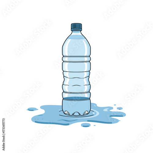 Refreshing Hydration A Plastic Water Bottle Surrounded by a Puddle of Fresh Water