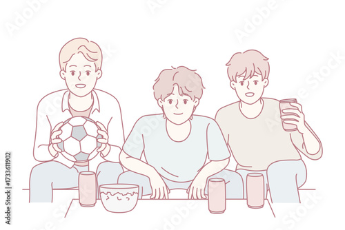 Happy guys watch football at home together . Vector Happy guys have fun sit at home watching football together. Smiling friends enjoy weekend indoors with sport match. Vector illustration.