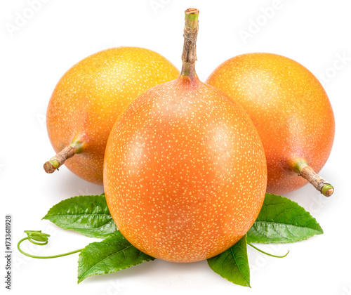 Tableau sur toile Granadilla fruits with leaves close up