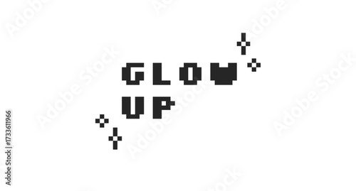 Glow up black pixel art social media slang word. Positive transformation. Gen z makeover lingo. Improvement self. 16 bit videogame text. Nostalgic internet typography. Silkscreen font used