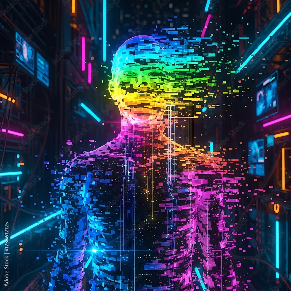 Obraz premium A digital human figure with a rainbow-colored head, dissolving into pixels, in a futuristic environment.