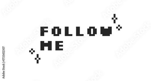 Follow me black pixel art social media button word. Promote yourself. Asking to watch vlog. Channel membership. 16 bit videogame text. Nostalgic internet typography. Silkscreen font used