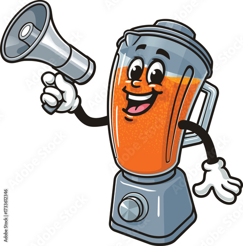 Blender mascot cartoon holding a megaphone or loudspeaker