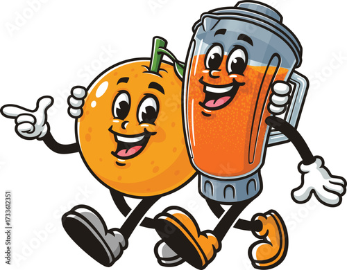 Cartoon mascot of blender and orange walking together